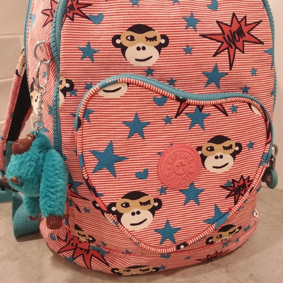 Kipling Backpack Heart Pocket Bright Pink & Blue w Stars, Monkey & Monkey Charm - Picture 3 of 9